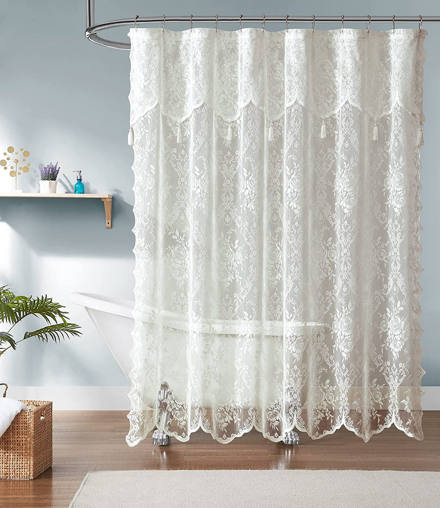 Warm Home Designs Lace Shower Curtain 72 x 72 Inches with Attached Valance & 7 Tassels. Luxury Farmhouse Shower Curtains for The Bathroom or Boho Shower Curtains for Bathroom