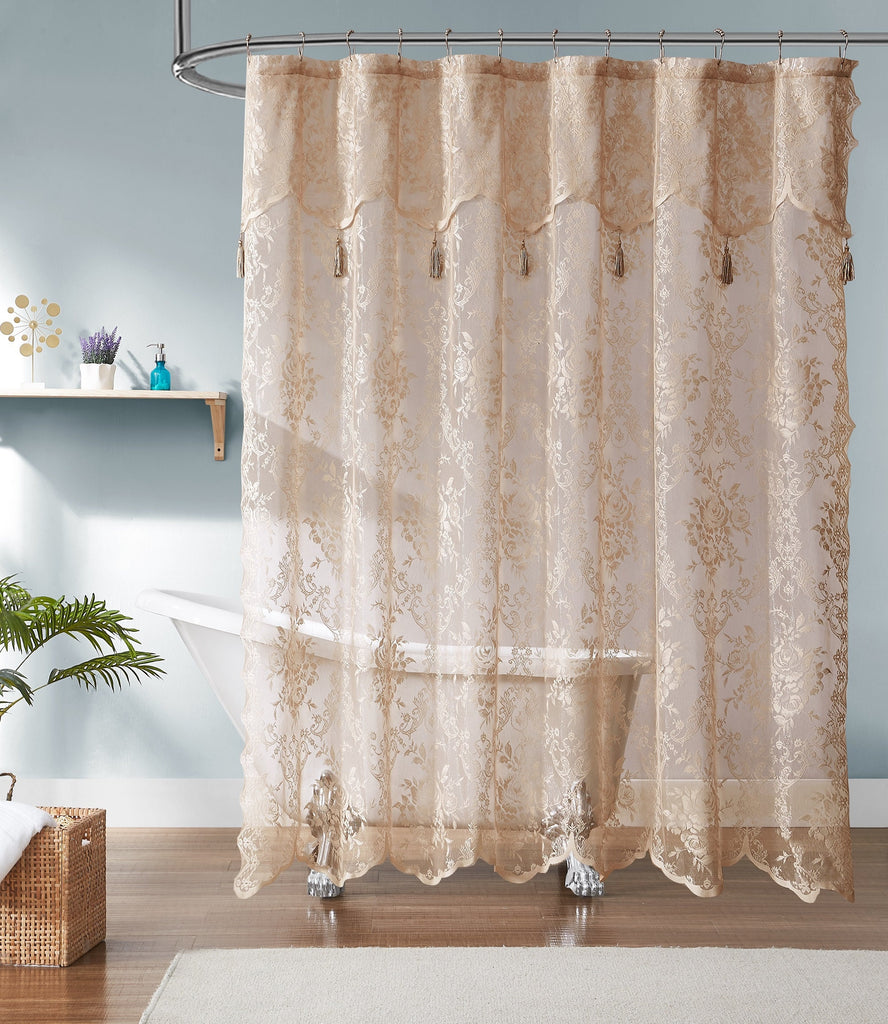 Lace Shower Curtain with Attached Valance & 7 Tassels in 3 Colors. 72 x 72 Inches Luxury Farmhouse Shower Curtains for the Bathroom