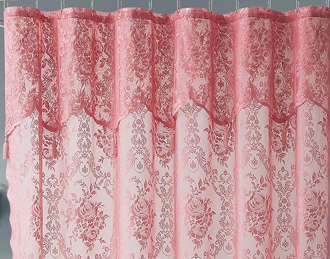 WARM HOME DESIGNS Lace Shower Curtain with Attached Valance & 7 Tassels in 3 Colors. 72 x 72 Inches Luxury Farmhouse Shower Curtains for the Bathroom