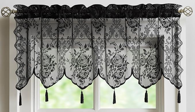 WARM HOME DESIGNS Semi Sheer Lace Kitchen Valance with 6 Tassels. Our English Rose Patterned Café Tiers Also Look Great in Dining or Living Rooms