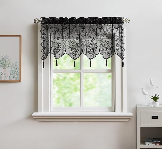 WARM HOME DESIGNS Semi Sheer Lace Kitchen Valance with 6 Tassels. Our English Rose Patterned Café Tiers Also Look Great in Dining or Living Rooms