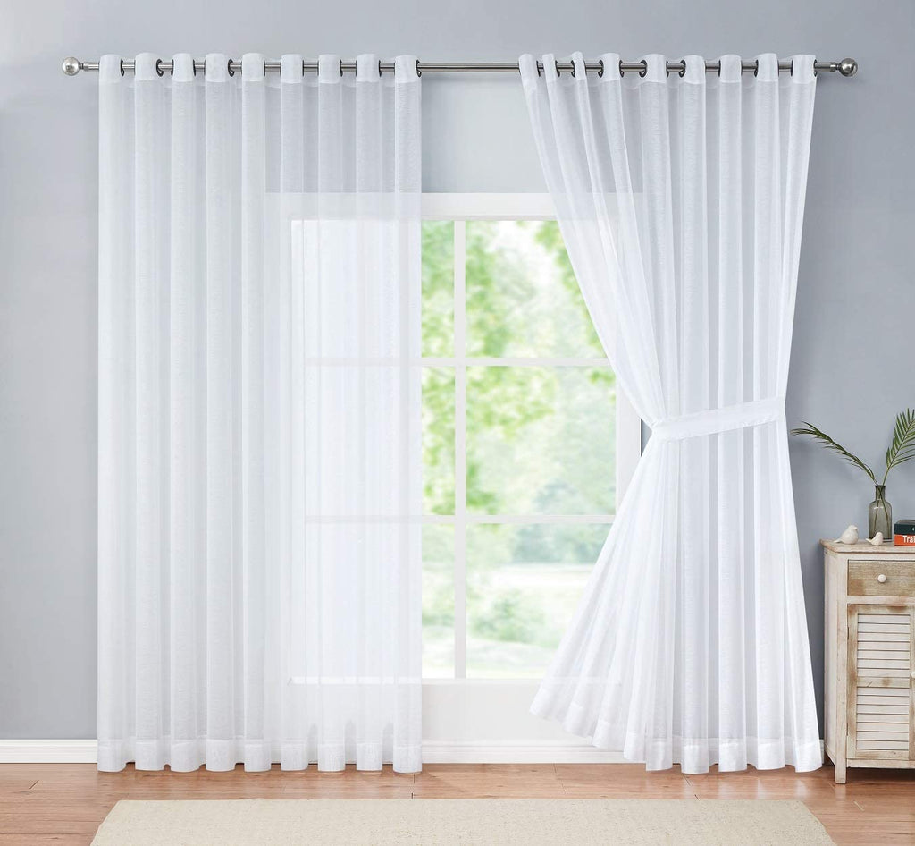 Warm Home Designs Pair of 2 Extra Large Sheer White Room Divider Curtains with 2 Matching Tie-Backs