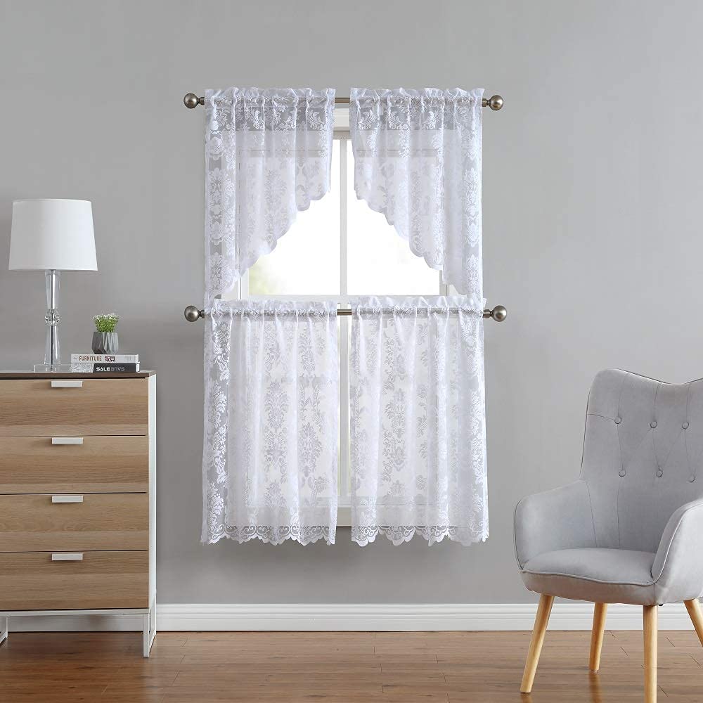 Warm Home Designs Pair of Knitted Lace Kitchen Swag Curtains with Charming Flower Pattern. Add Tiers & Valance for Ultimate Elegant Look