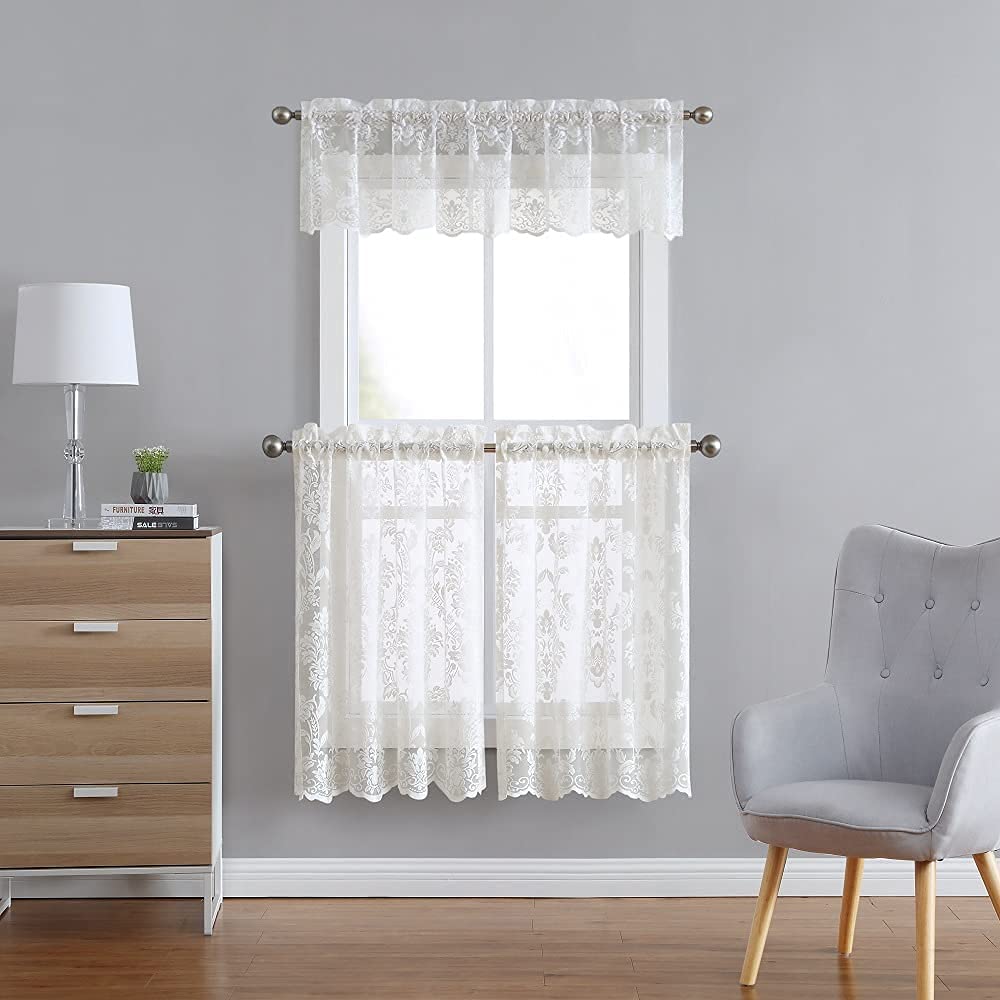Warm Home Designs Pair of Knitted Lace Kitchen Swag Curtains with Charming Flower Pattern. Add Tiers & Valance for Ultimate Elegant Look