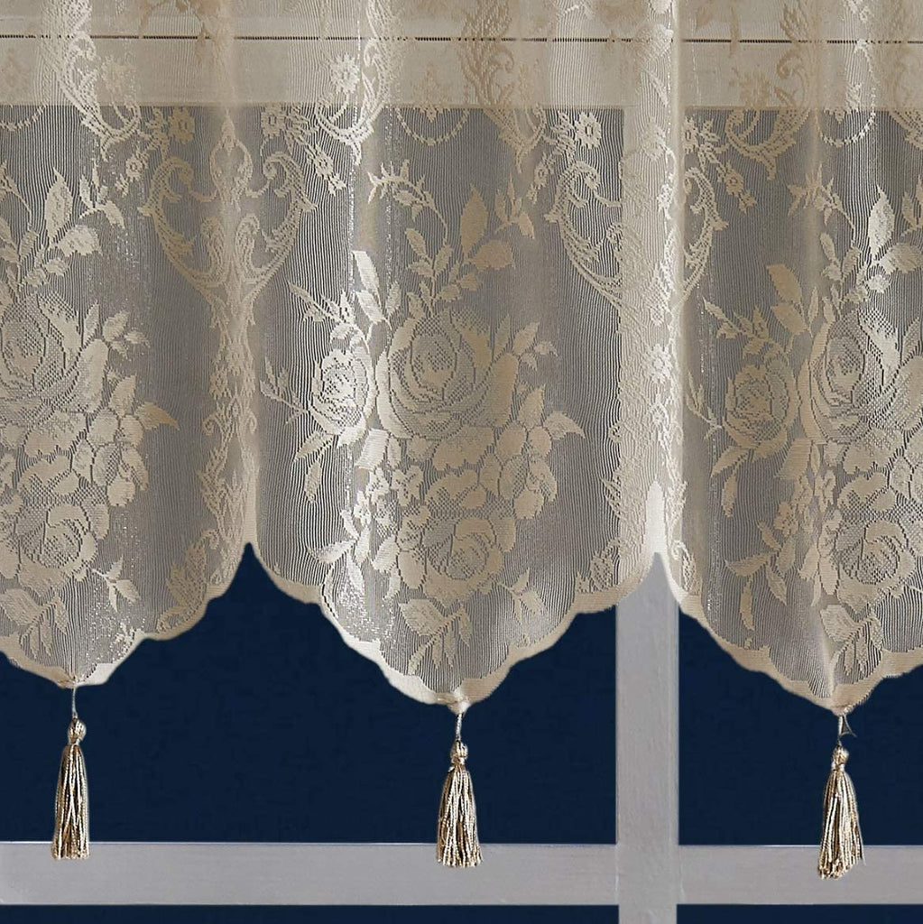 WARM HOME DESIGNS Semi Sheer Lace Kitchen Valance with 6 Tassels. Our English Rose Patterned Café Tiers Also Look Great in Dining or Living Rooms