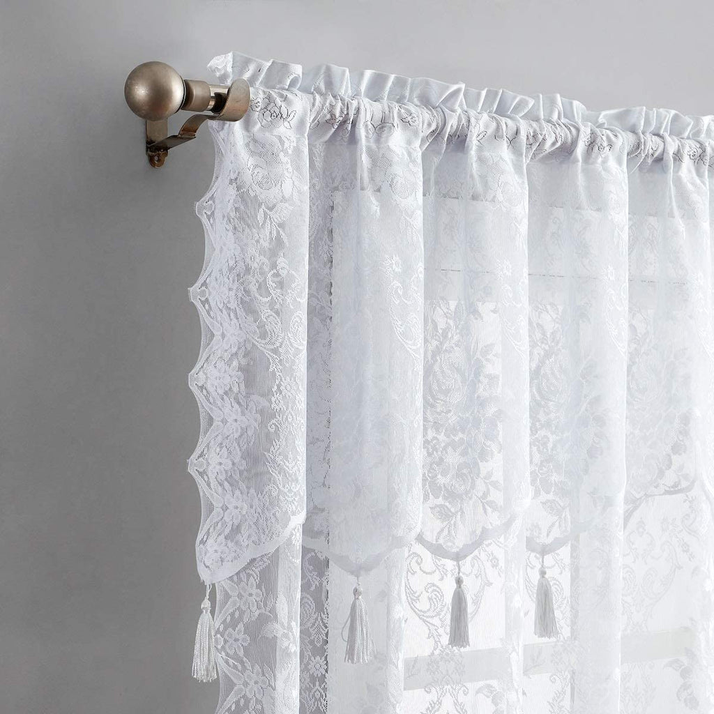 WARM HOME DESIGHS Pair of 2 Semi Sheer Lace Curtain Panels & Attached Matching Valances with 6 Tassels. Classic Elegant English Rose Pattern.