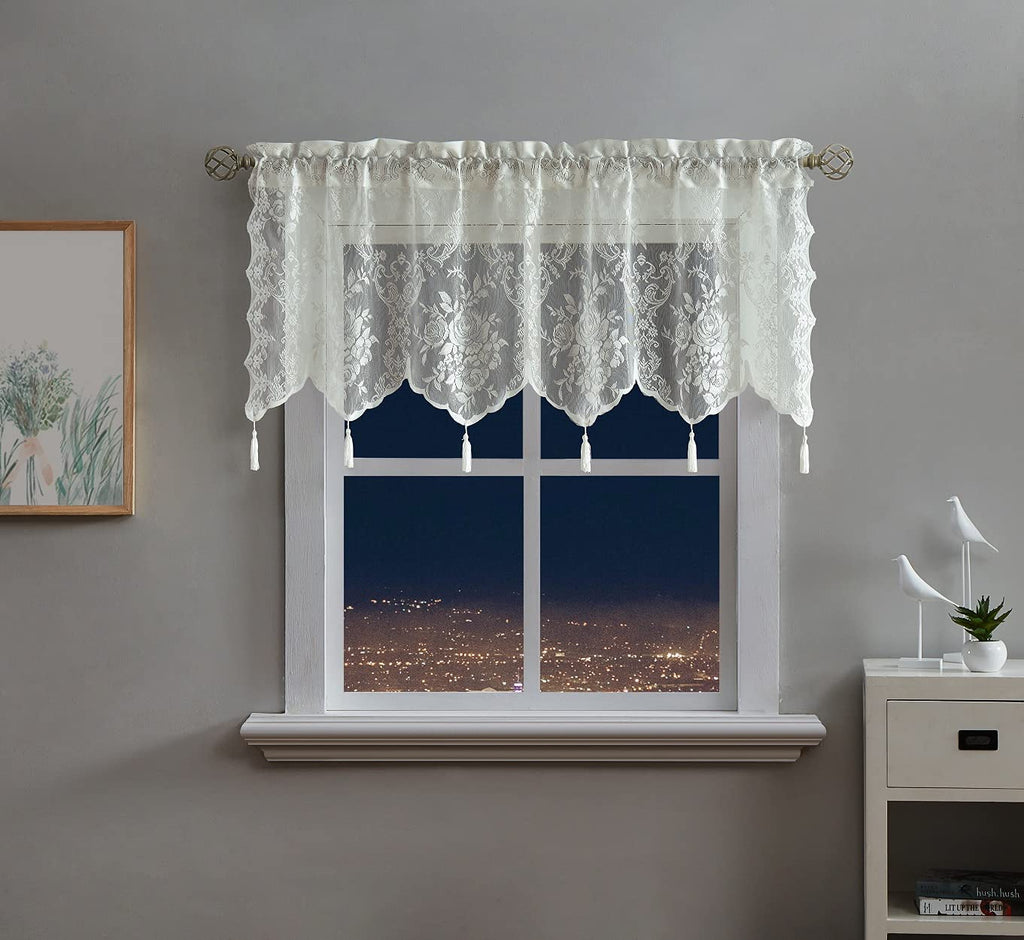 WARM HOME DESIGNS Semi Sheer Lace Kitchen Valance with 6 Tassels. Our English Rose Patterned Café Tiers Also Look Great in Dining or Living Rooms
