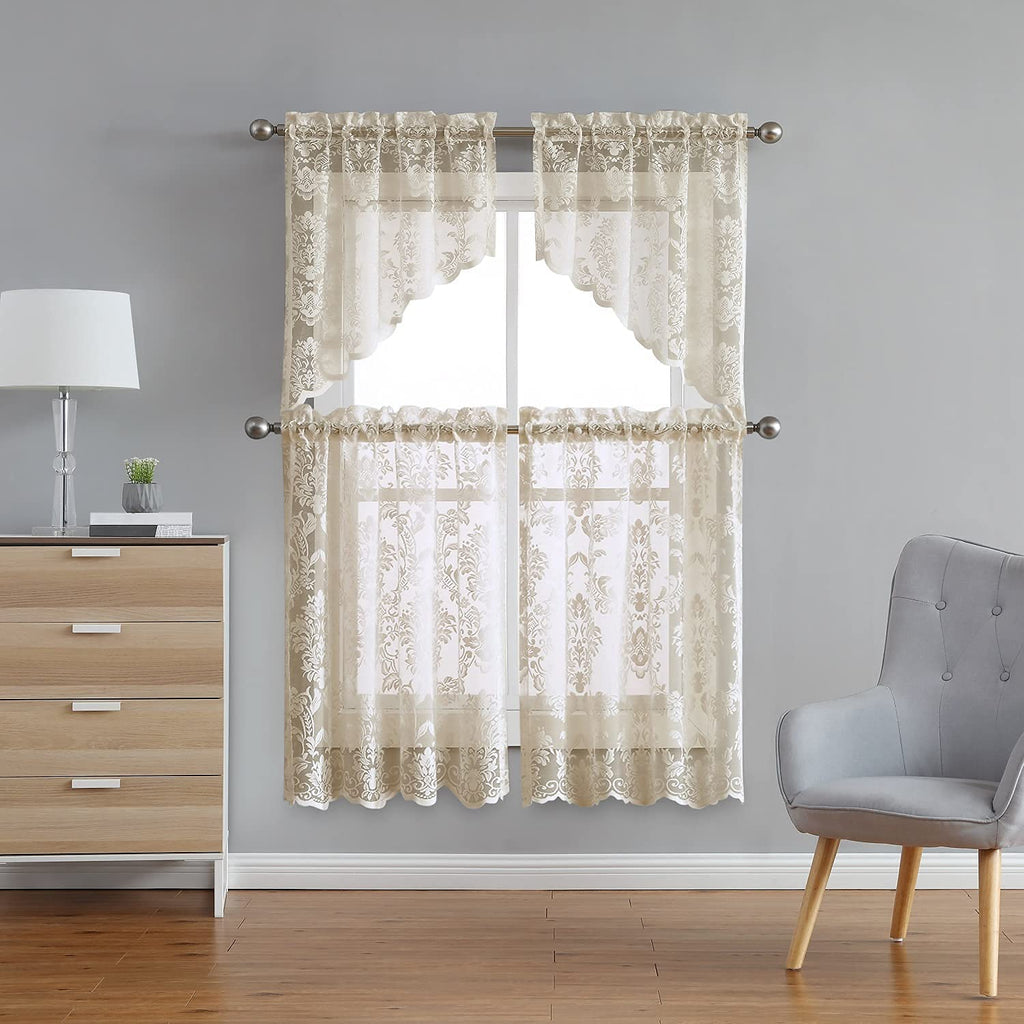Warm Home Designs Pair of Knitted Lace Kitchen Swag Curtains with Charming Flower Pattern. Add Tiers & Valance for Ultimate Elegant Look