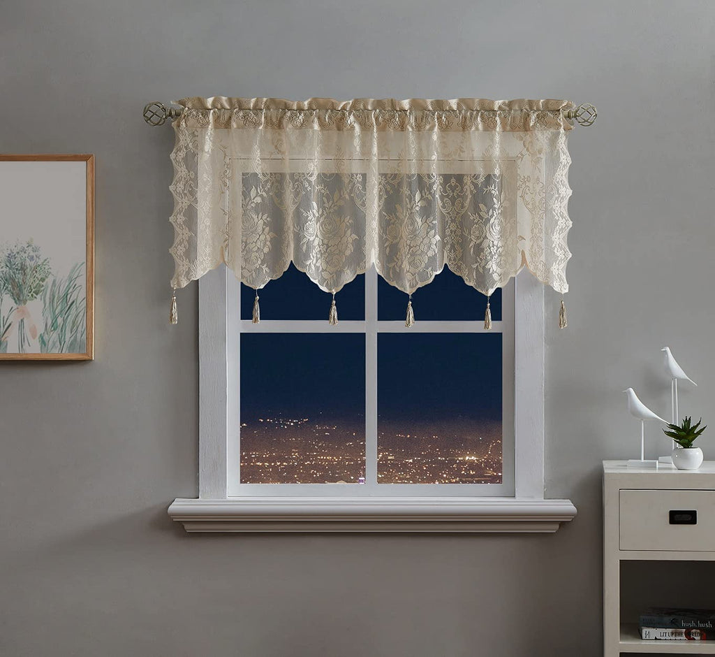 WARM HOME DESIGNS Semi Sheer Lace Kitchen Valance with 6 Tassels. Our English Rose Patterned Café Tiers Also Look Great in Dining or Living Rooms