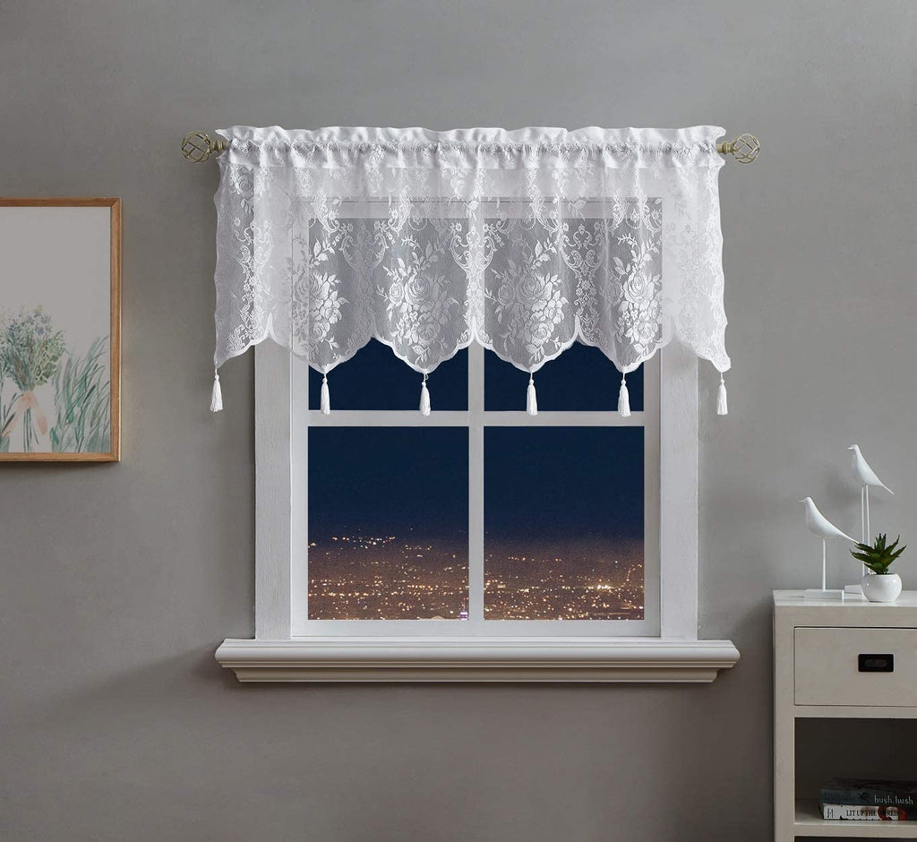 WARM HOME DESIGNS Semi Sheer Lace Kitchen Valance with 6 Tassels. Our English Rose Patterned Café Tiers Also Look Great in Dining or Living Rooms