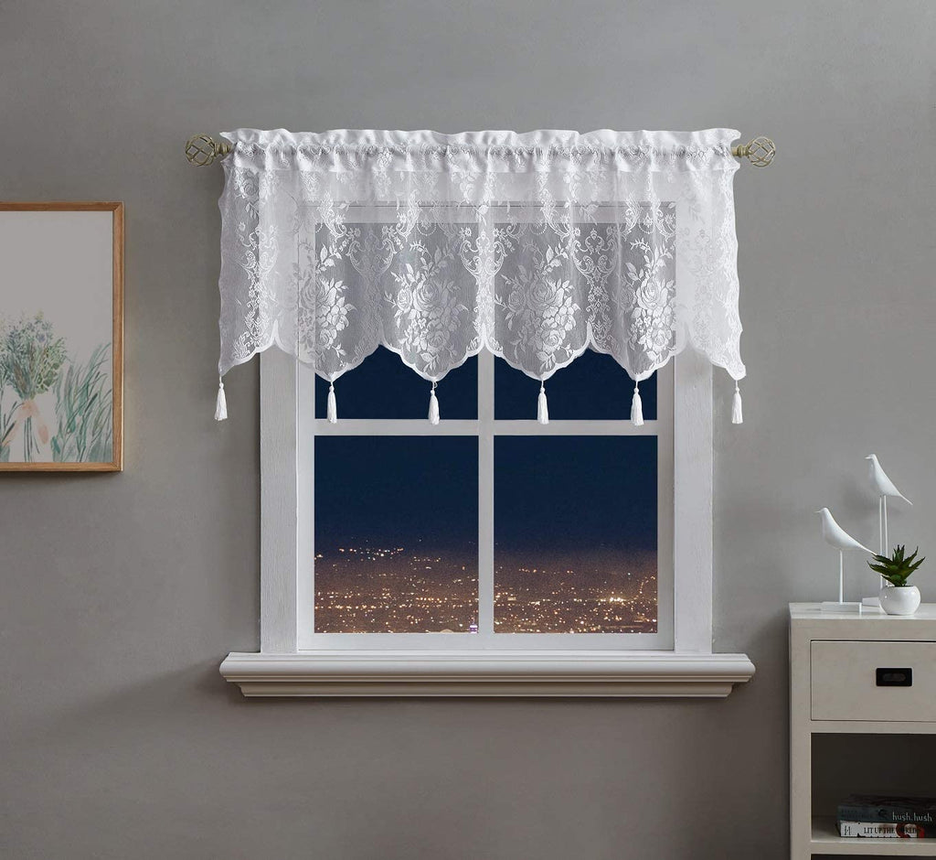 Warm Home Designs Semi Sheer Lace Kitchen Valance with 6 Tassels. Our English Rose Patterned Café Tiers Also Look Great in Dining or Living Rooms