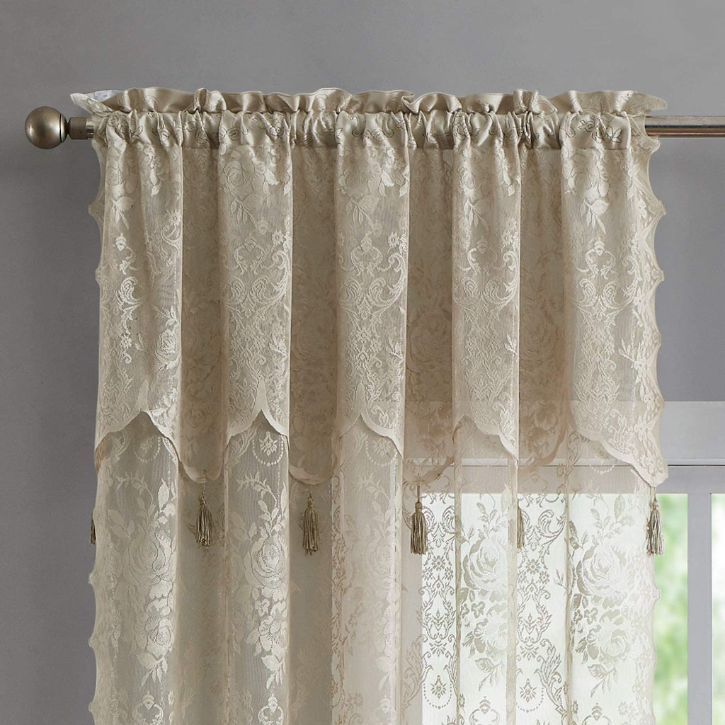 WARM HOME DESIGHS Pair of 2 Semi Sheer Lace Curtain Panels & Attached Matching Valances with 6 Tassels. Classic Elegant English Rose Pattern.