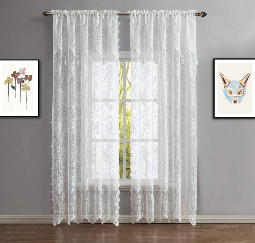 WARM HOME DESIGHS Pair of 2 Semi Sheer Lace Curtain Panels & Attached Matching Valances with 6 Tassels. Classic Elegant English Rose Pattern.