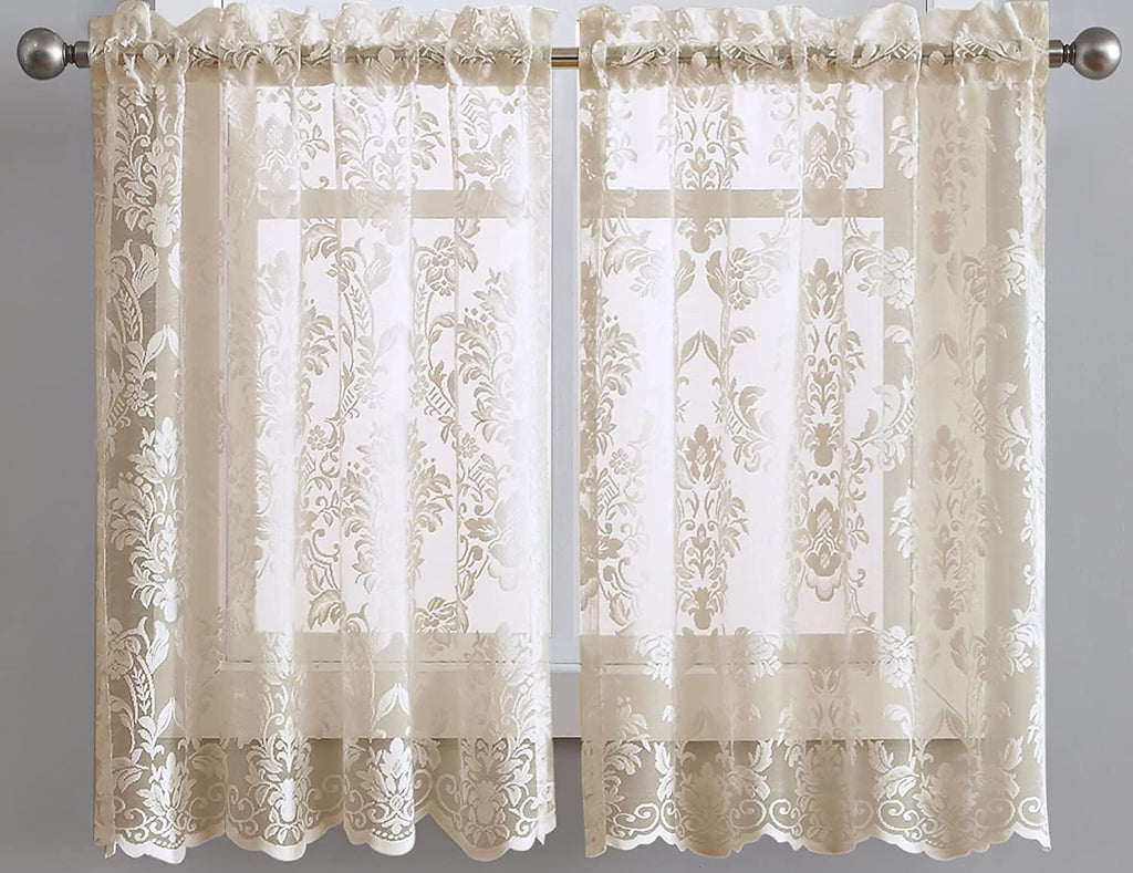 Warm Home Designs Pair of Knitted Lace Kitchen Swag Curtains with Charming Flower Pattern. Add Tiers & Valance for Ultimate Elegant Look
