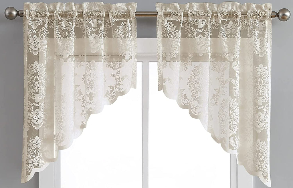 Warm Home Designs Pair of Knitted Lace Kitchen Swag Curtains with Charming Flower Pattern. Add Tiers & Valance for Ultimate Elegant Look