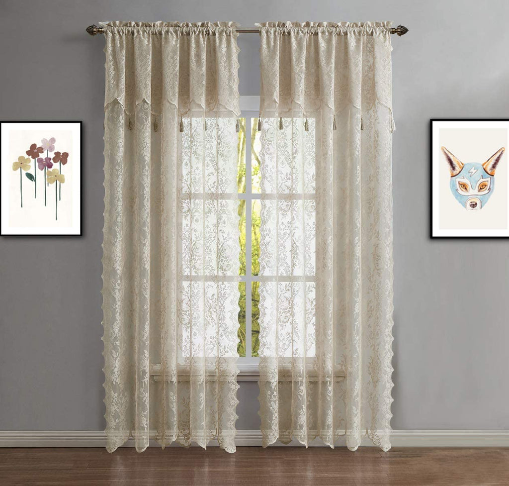 WARM HOME DESIGHS Pair of 2 Semi Sheer Lace Curtain Panels & Attached Matching Valances with 6 Tassels. Classic Elegant English Rose Pattern.