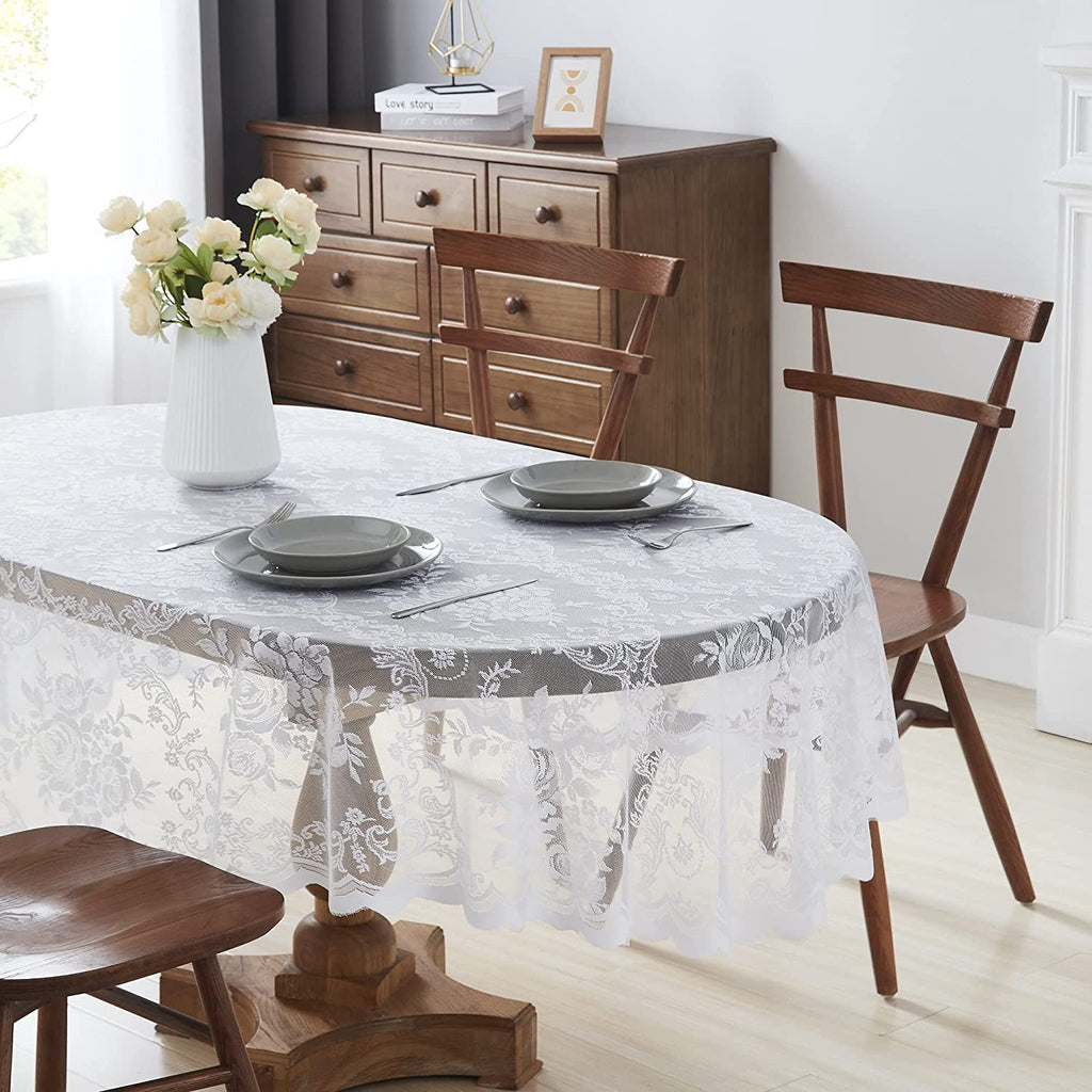 Warm Home Designs Lace Oval Tablecloth with English Rose Design. Rustic Tablecloth or Dining Table Cover for 6-8 Guests