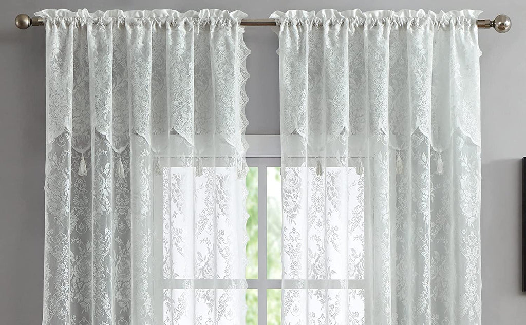 WARM HOME DESIGHS Pair of 2 Semi Sheer Lace Curtain Panels & Attached Matching Valances with 6 Tassels. Classic Elegant English Rose Pattern.
