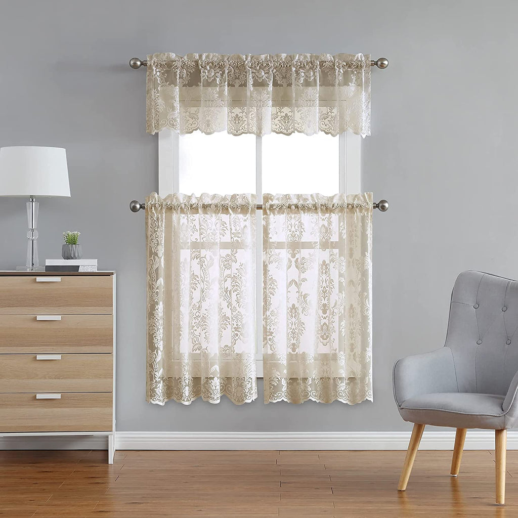Warm Home Designs Pair of Knitted Lace Kitchen Swag Curtains with Charming Flower Pattern. Add Tiers & Valance for Ultimate Elegant Look
