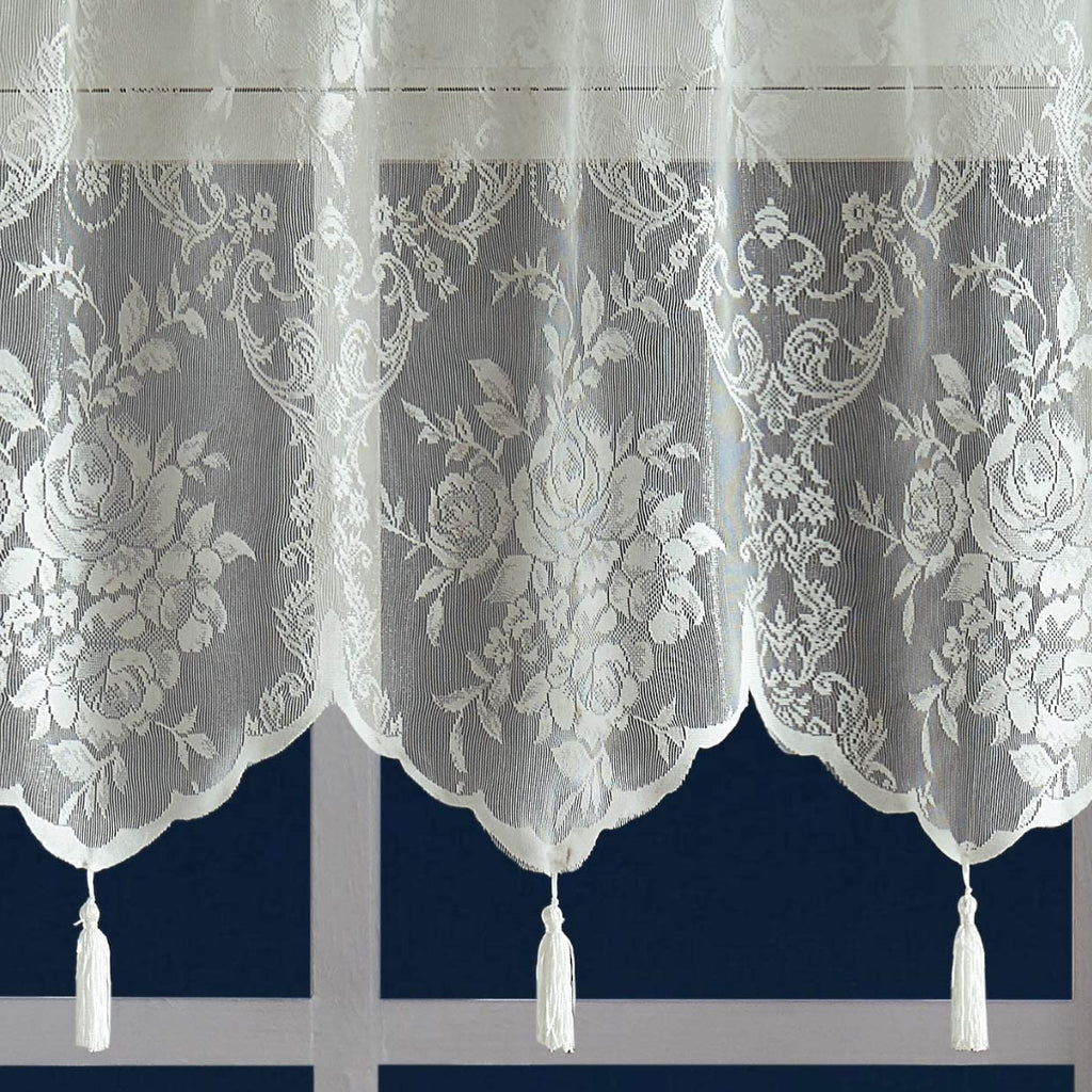 WARM HOME DESIGHS Pair of 2 Semi Sheer Lace Curtain Panels & Attached Matching Valances with 6 Tassels. Classic Elegant English Rose Pattern.