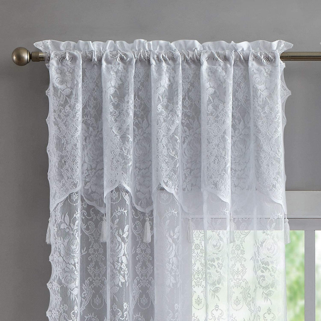 WARM HOME DESIGHS Pair of 2 Semi Sheer Lace Curtain Panels & Attached Matching Valances with 6 Tassels. Classic Elegant English Rose Pattern.