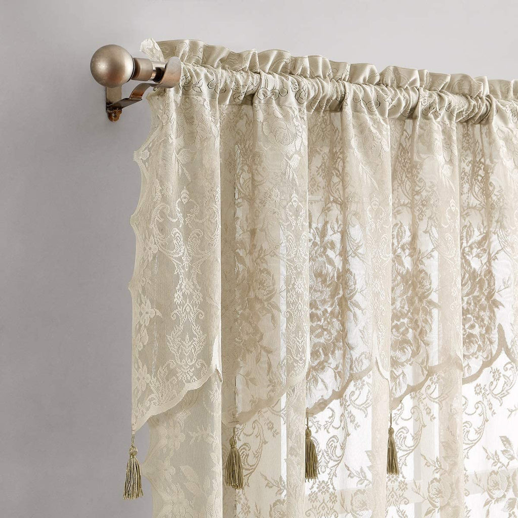 WARM HOME DESIGHS Pair of 2 Semi Sheer Lace Curtain Panels & Attached Matching Valances with 6 Tassels. Classic Elegant English Rose Pattern.