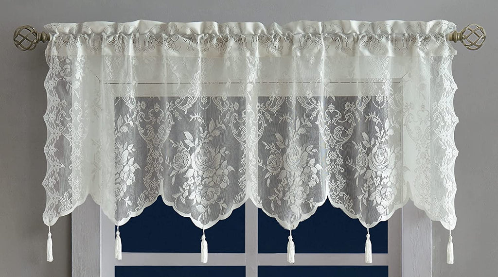 WARM HOME DESIGNS Semi Sheer Lace Kitchen Valance with 6 Tassels. Our English Rose Patterned Café Tiers Also Look Great in Dining or Living Rooms