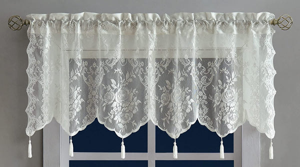 Warm Home Designs Semi Sheer Lace Kitchen Valance with 6 Tassels. Our English Rose Patterned Café Tiers Also Look Great in Dining or Living Rooms