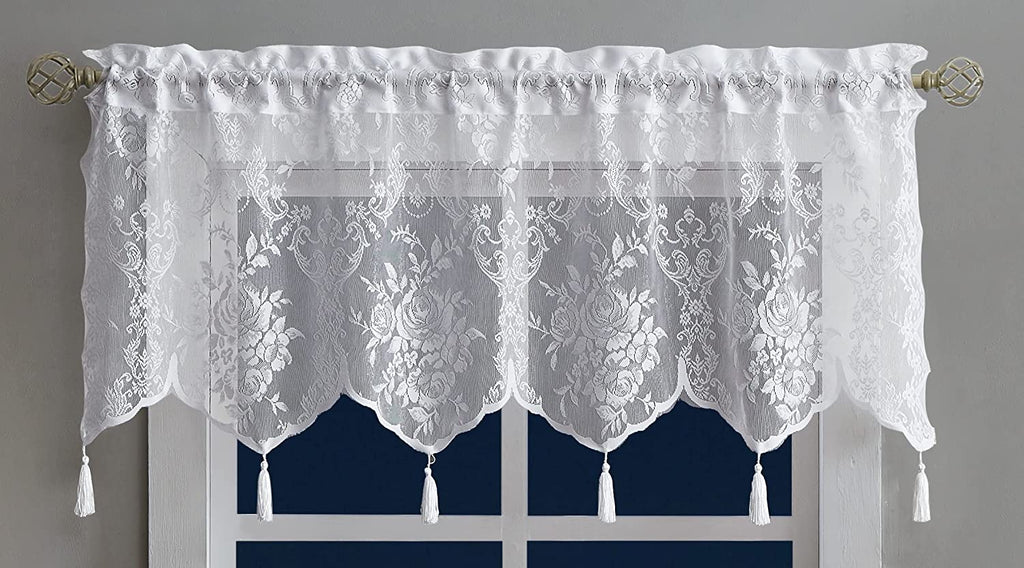 WARM HOME DESIGNS Semi Sheer Lace Kitchen Valance with 6 Tassels. Our English Rose Patterned Café Tiers Also Look Great in Dining or Living Rooms