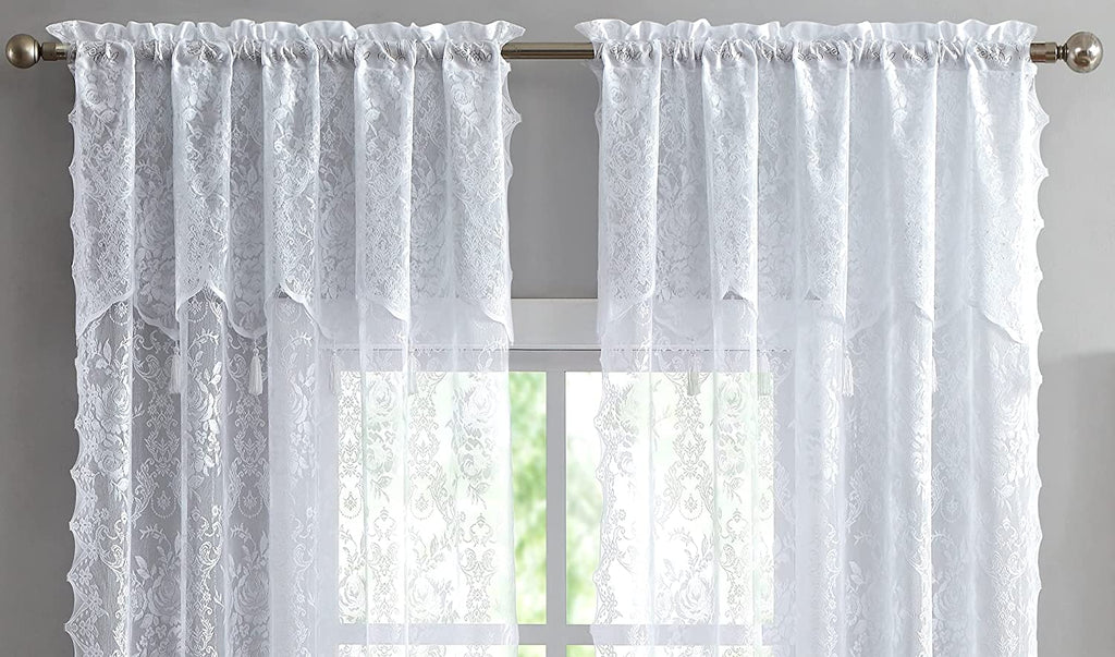 WARM HOME DESIGHS Pair of 2 Semi Sheer Lace Curtain Panels & Attached Matching Valances with 6 Tassels. Classic Elegant English Rose Pattern.