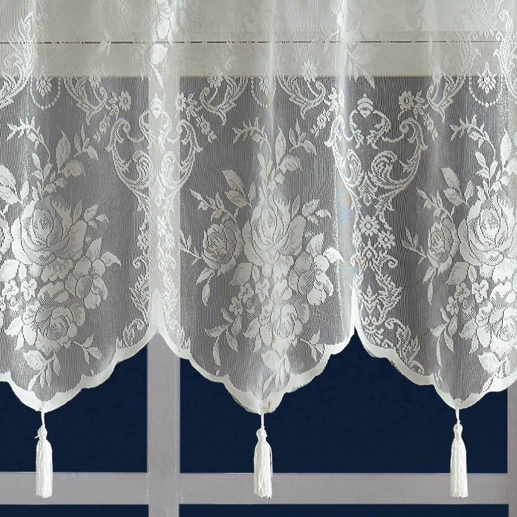 Warm Home Designs Semi Sheer Lace Kitchen Valance with 6 Tassels. Our English Rose Patterned Café Tiers Also Look Great in Dining or Living Rooms