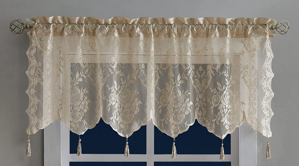 WARM HOME DESIGNS Semi Sheer Lace Kitchen Valance with 6 Tassels. Our English Rose Patterned Café Tiers Also Look Great in Dining or Living Rooms