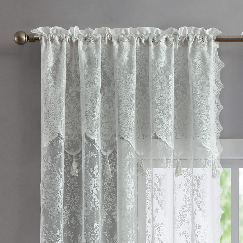 WARM HOME DESIGHS Pair of 2 Semi Sheer Lace Curtain Panels & Attached Matching Valances with 6 Tassels. Classic Elegant English Rose Pattern.
