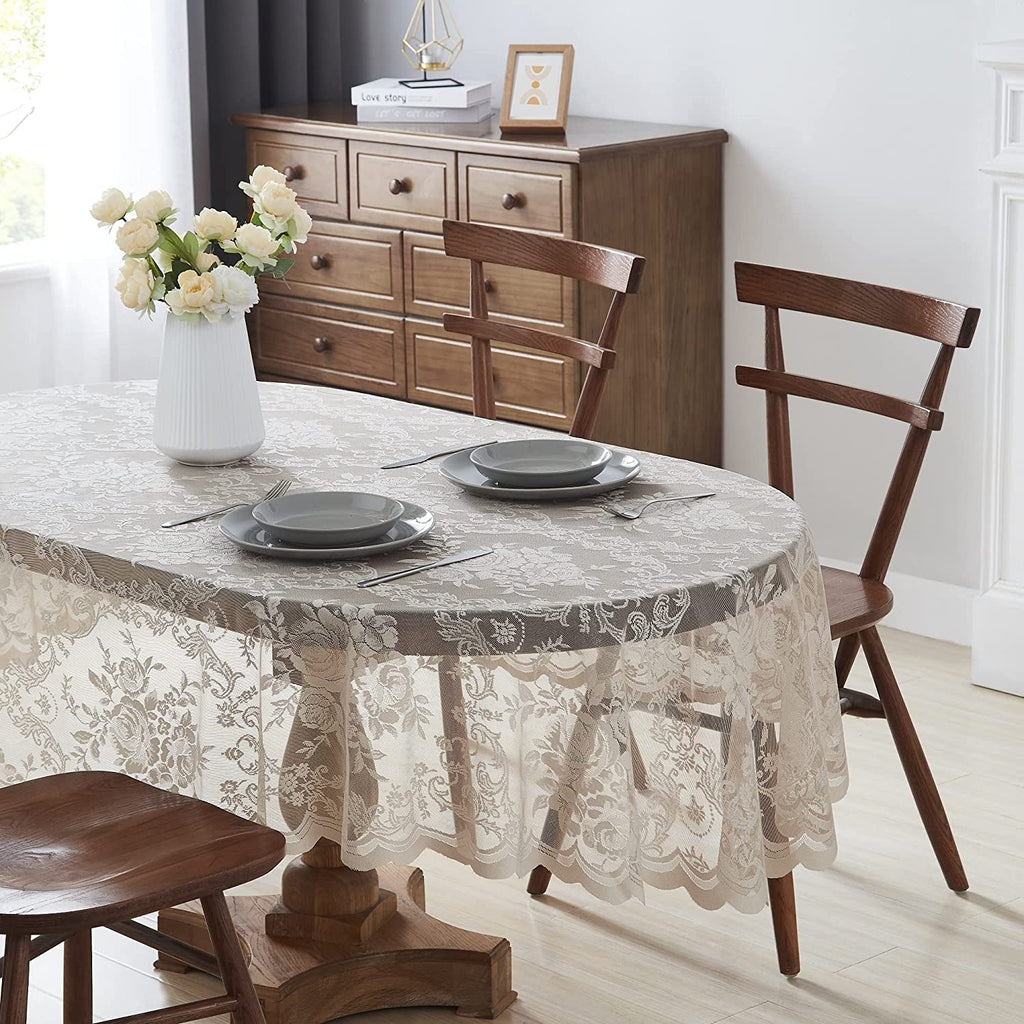 Warm Home Designs Lace Oval Tablecloth with English Rose Design. Rustic Tablecloth or Dining Table Cover for 6-8 Guests