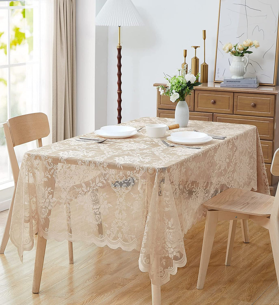 Warm Home Designs Lace Rectangle Tablecloth with English Rose Design. Rustic Tablecloth or Dining Table Cover for 10-12 Guests