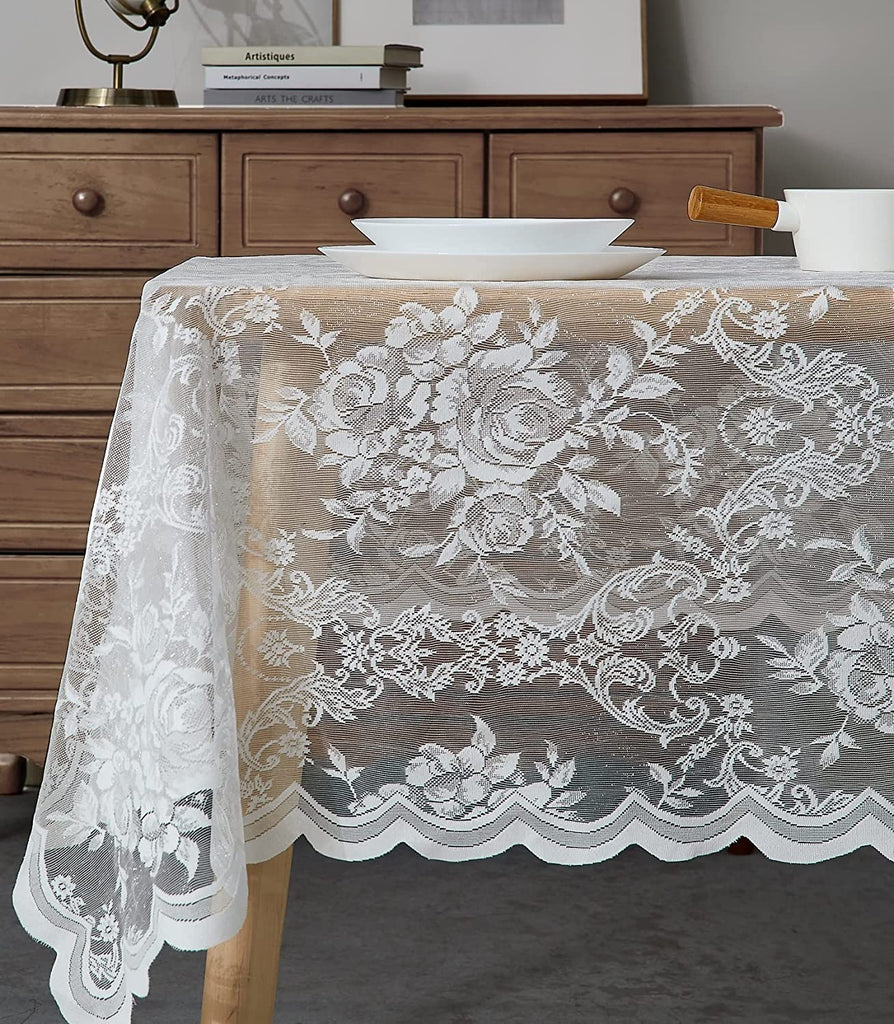 Warm Home Designs Lace Rectangle Tablecloth with English Rose Design. Rustic Tablecloth or Dining Table Cover for 10-12 Guests