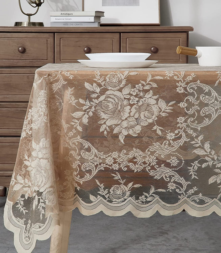 Warm Home Designs Lace Rectangle Tablecloth with English Rose Design. Rustic Tablecloth or Dining Table Cover for 10-12 Guests