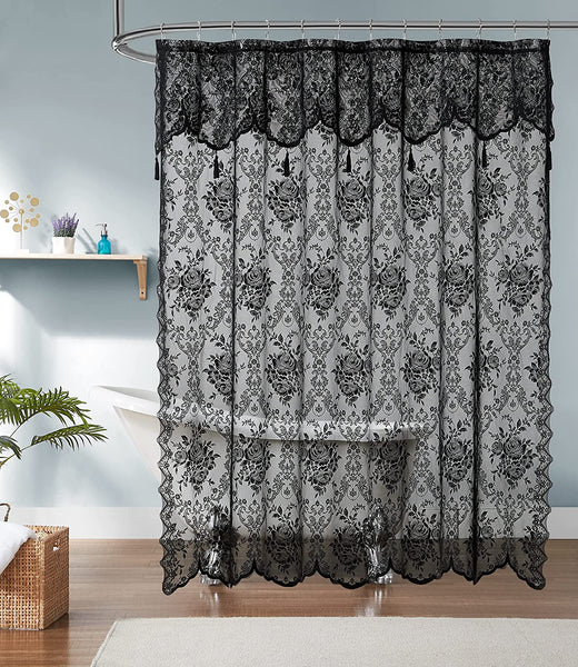 Warm Home Designs Lace Shower Curtain 72 x 72 Inches with Attached Valance & 7 Tassels. Luxury Farmhouse Shower Curtains for The Bathroom or Boho Shower Curtains for Bathroom