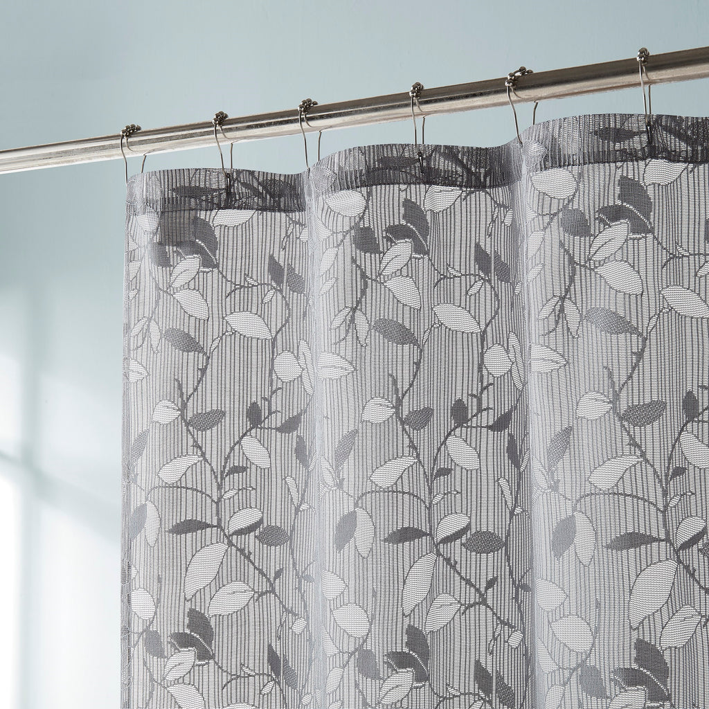 Modern Lace Shower Curtain with Leaf Design in Grey, Ivory, Linen & White Colors