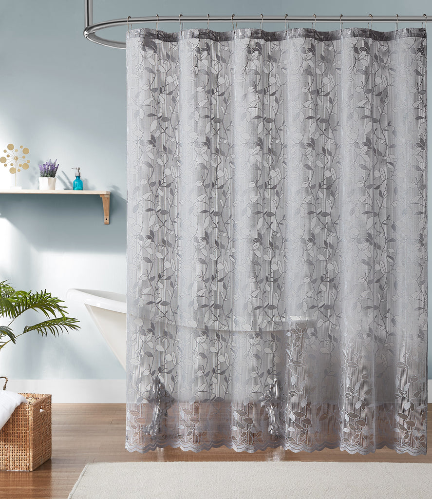 Modern Lace Shower Curtain with Leaf Design in Grey, Ivory, Linen & White Colors