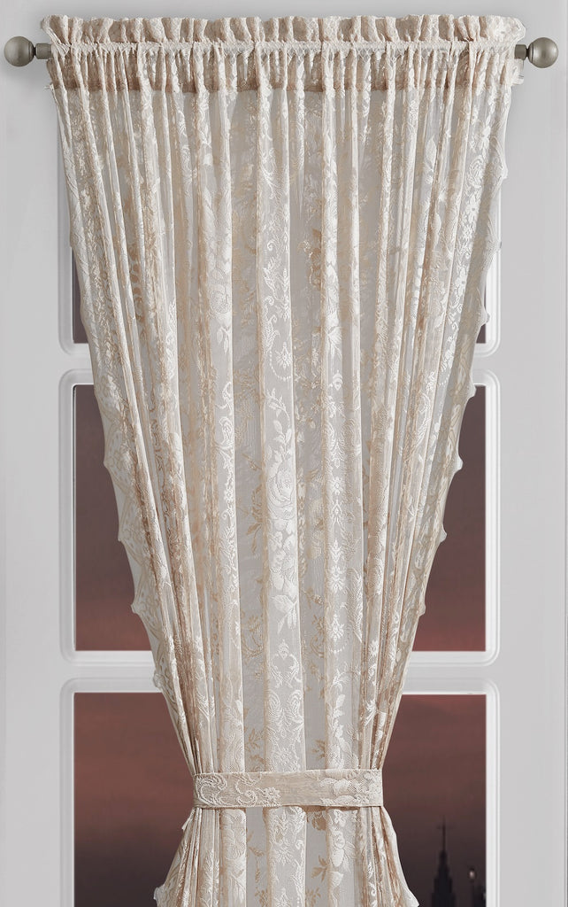 Elegant Lace French Door Curtains in 30 x 72 and 52 x 72 Sizes. English Rose Design Sidelight Curtains with 2 Free Tiebacks in 3 Colors