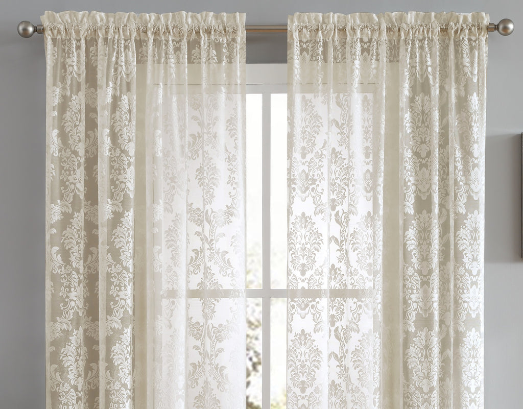 Warm Home Designs Pair of 2 Knitted Lace Curtains with Elegant Damask Pattern. Available in 3 Colors