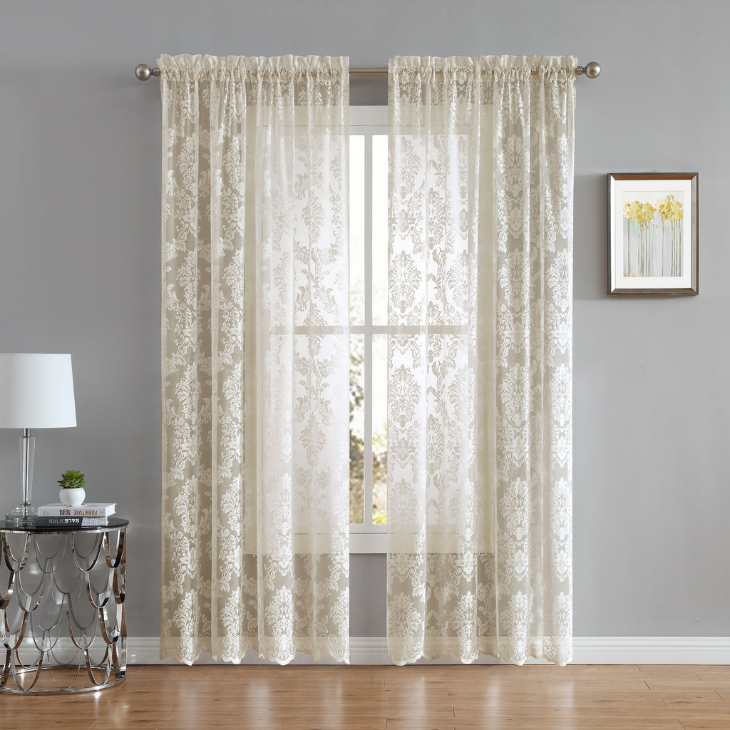 Warm Home Designs Pair of 2 Knitted Lace Curtains with Elegant Damask Pattern. Available in 3 Colors