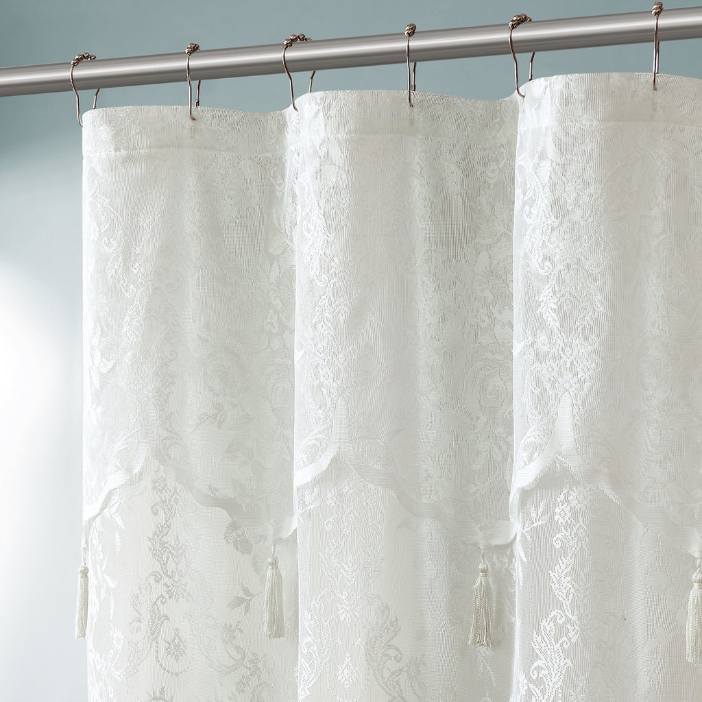 Lace Shower Curtain with Attached Valance & 7 Tassels in 3 Colors. 72 x 72 Inches Luxury Farmhouse Shower Curtains for the Bathroom