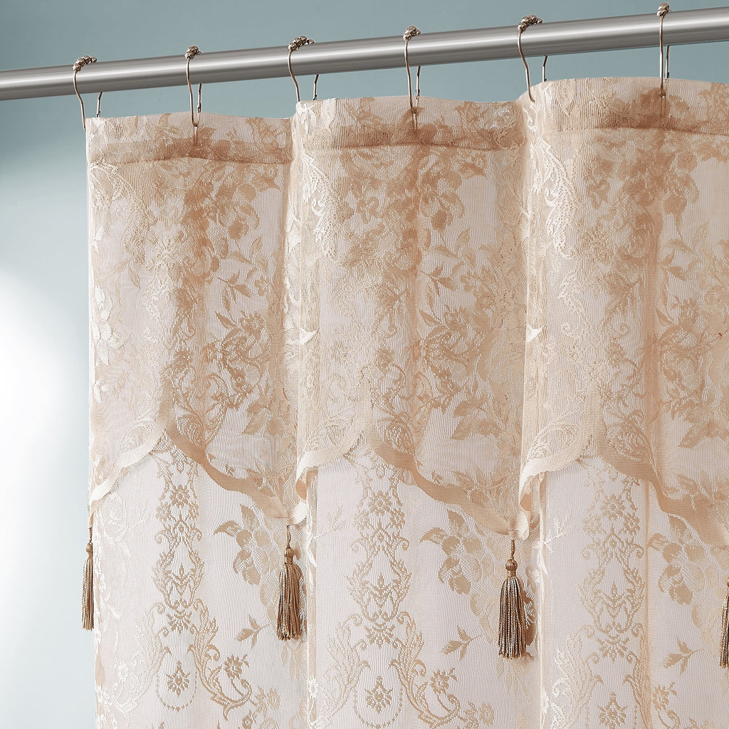 WARM HOME DESIGNS Lace Shower Curtain with Attached Valance & 7 Tassels in 3 Colors. 72 x 72 Inches Luxury Farmhouse Shower Curtains for the Bathroom