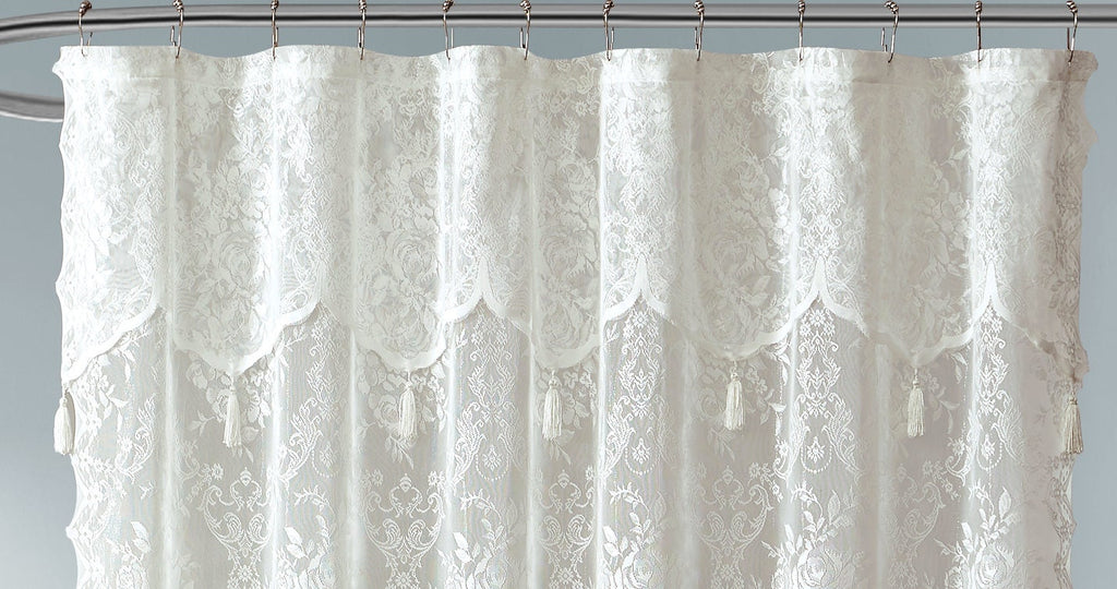 WARM HOME DESIGNS Lace Shower Curtain with Attached Valance & 7 Tassels in 3 Colors. 72 x 72 Inches Luxury Farmhouse Shower Curtains for the Bathroom