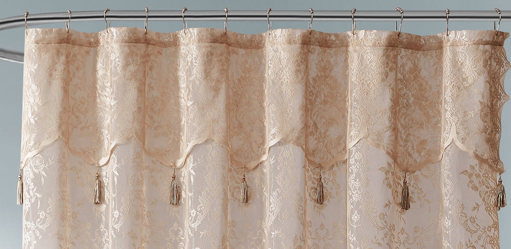 WARM HOME DESIGNS Lace Shower Curtain with Attached Valance & 7 Tassels in 3 Colors. 72 x 72 Inches Luxury Farmhouse Shower Curtains for the Bathroom
