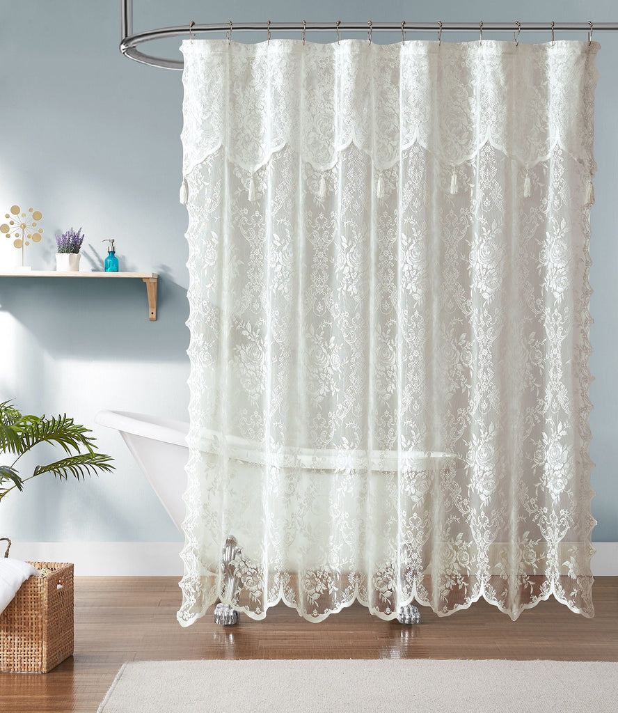 WARM HOME DESIGNS Lace Shower Curtain with Attached Valance & 7 Tassels in 3 Colors. 72 x 72 Inches Luxury Farmhouse Shower Curtains for the Bathroom