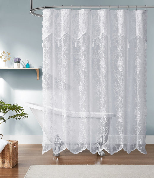 WARM HOME DESIGNS Lace Shower Curtain with Attached Valance & 7 Tassels in 3 Colors. 72 x 72 Inches Luxury Farmhouse Shower Curtains for the Bathroom